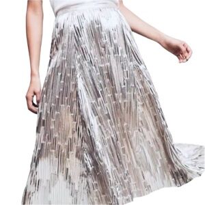 Anthropologie Maeve Silver Metallic Pleated Midi Skirt Size 00 A-line Party